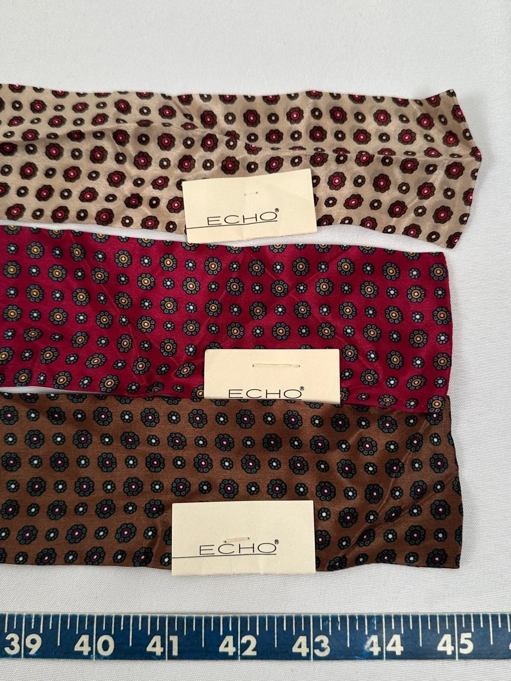 Echo 100% Silk NWT Vintage Ascot Cravat Scarf Trio Burgundy, Beige & Brown